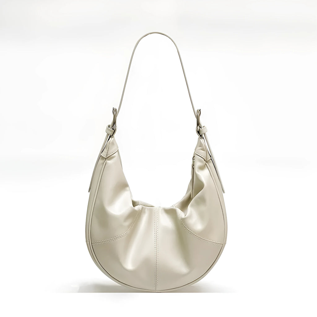 Women's genuine leather shoulder bag with dumpling shape in cowhide texture with sewing line detailing