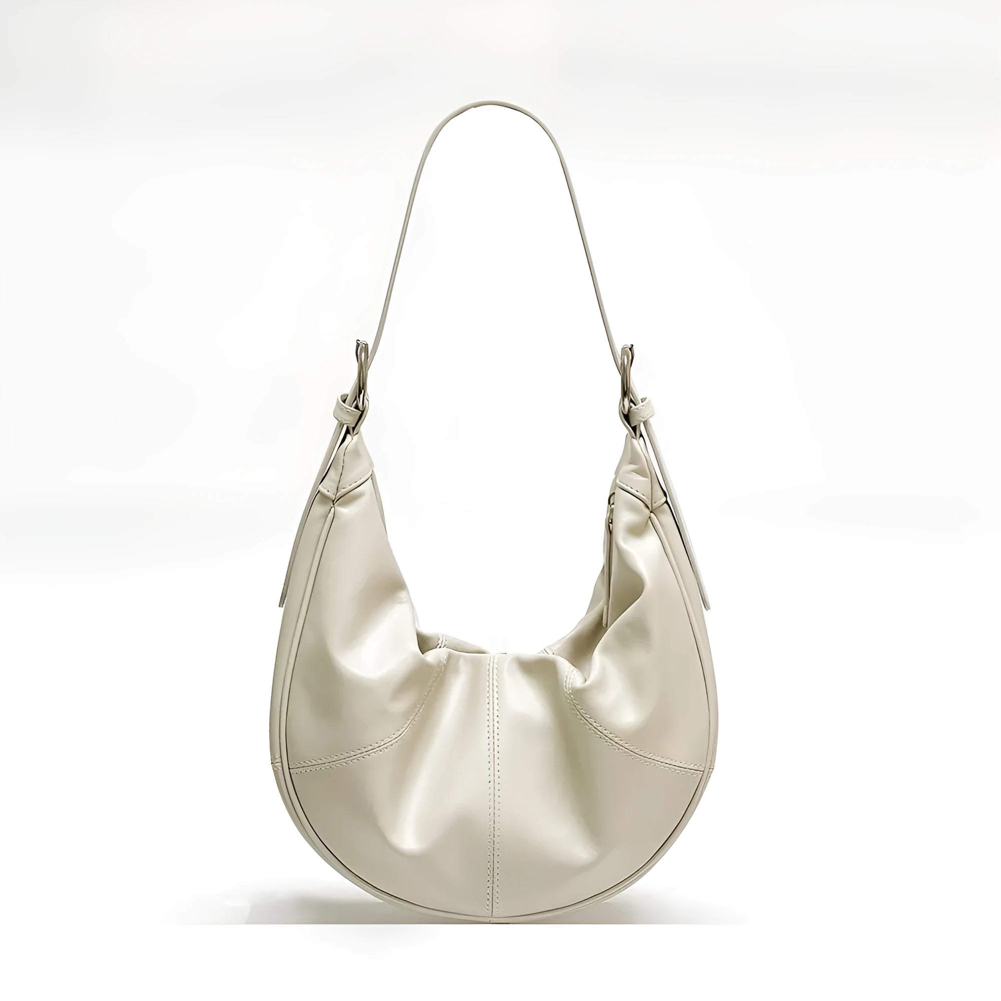 Women's genuine leather shoulder bag with dumpling shape in cowhide texture with sewing line detailing
