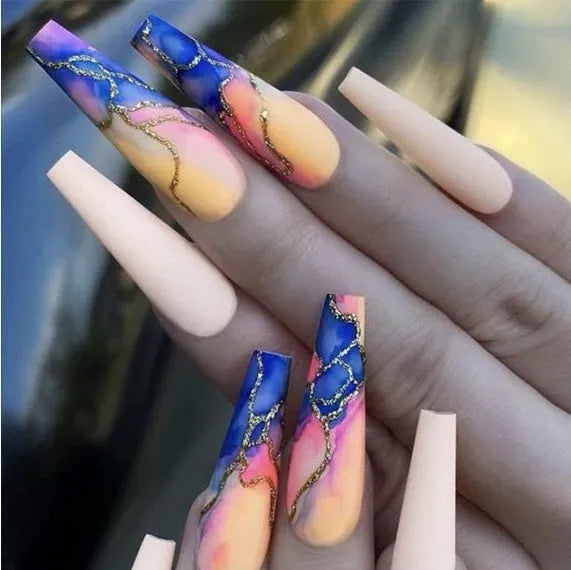 Ballet brand nail sticker set showing wave line, marble, glitter and green designs with jelly glue tubes