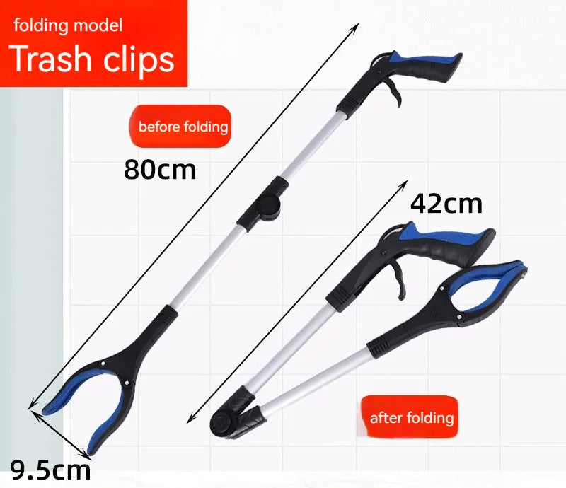 Folding silver and blue trash pick-up tool shown extended and collapsed, with magnet on clamp head.
