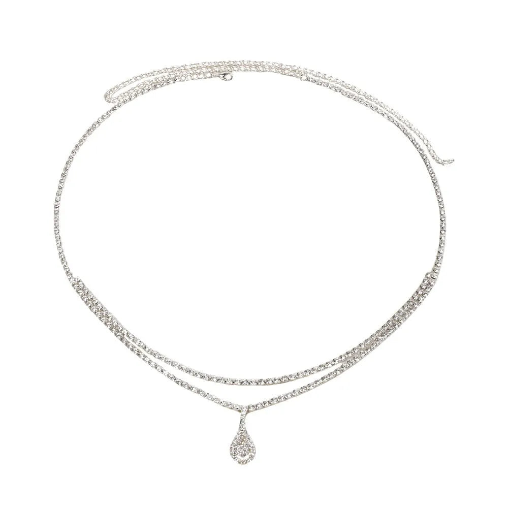 Gold or silver rhinestone waist chain with water drop pendant and tassel detail