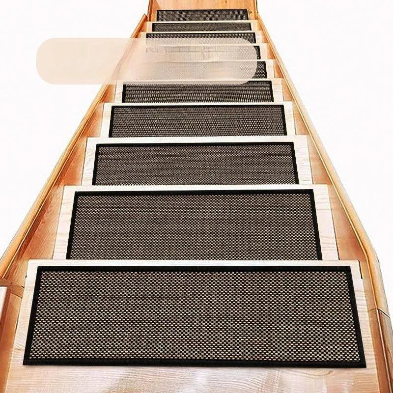 Japanese-style linen-look stair mat with non-slip rubber bottom measuring 20x76cm in camel colour