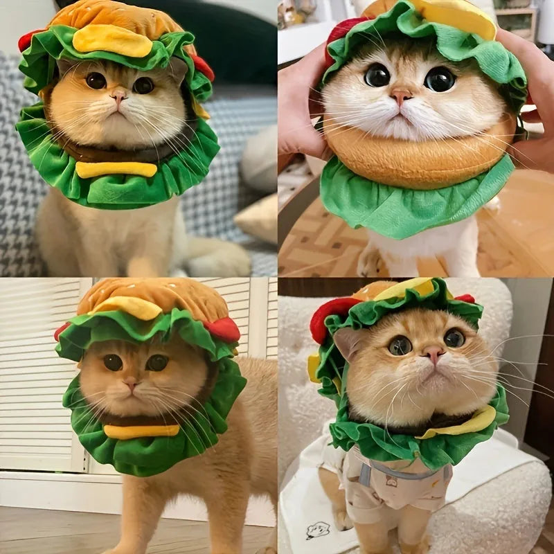 Cartoon burger fabric headdress collar for a small dog or cat on a table.