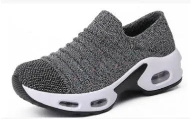Plus size women's fly-knit sock shoes in stretch mesh with low heel and round toe