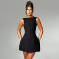 Slim-fitting backless sleeveless short dress in a sling style on a hanger.
