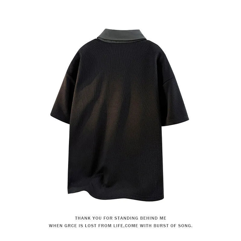 Men's black polo shirt sweater with henley collar and short sleeves, slim fit lightweight design