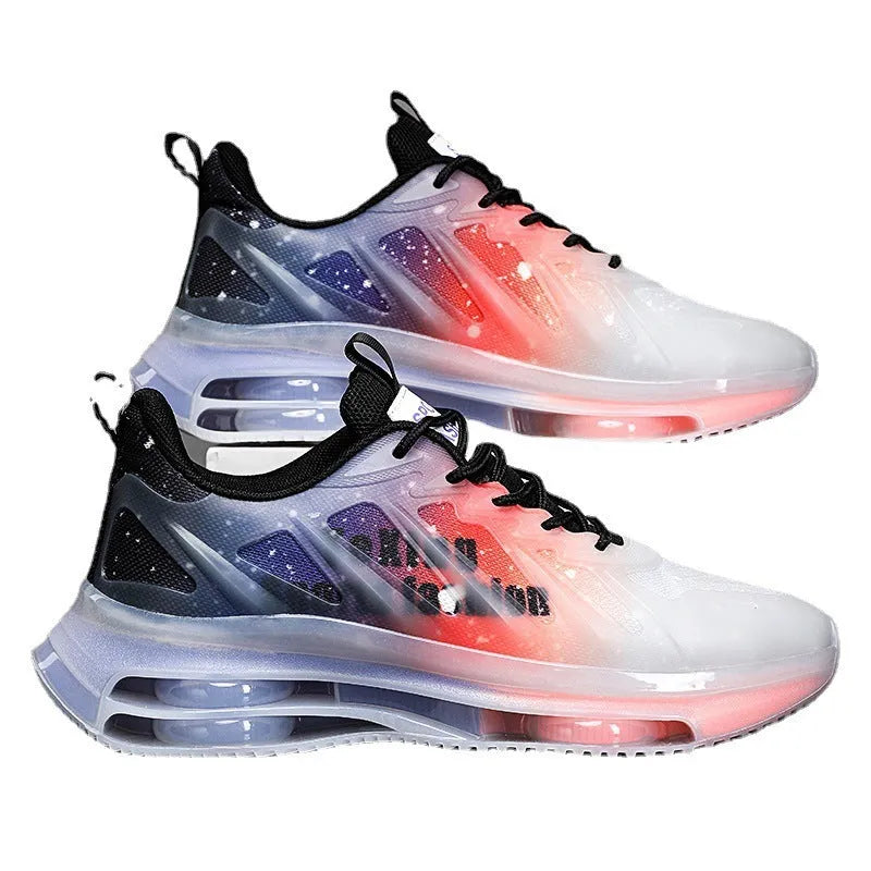 Men's black and green platform casual running shoes with mesh upper and thick rubber sole.