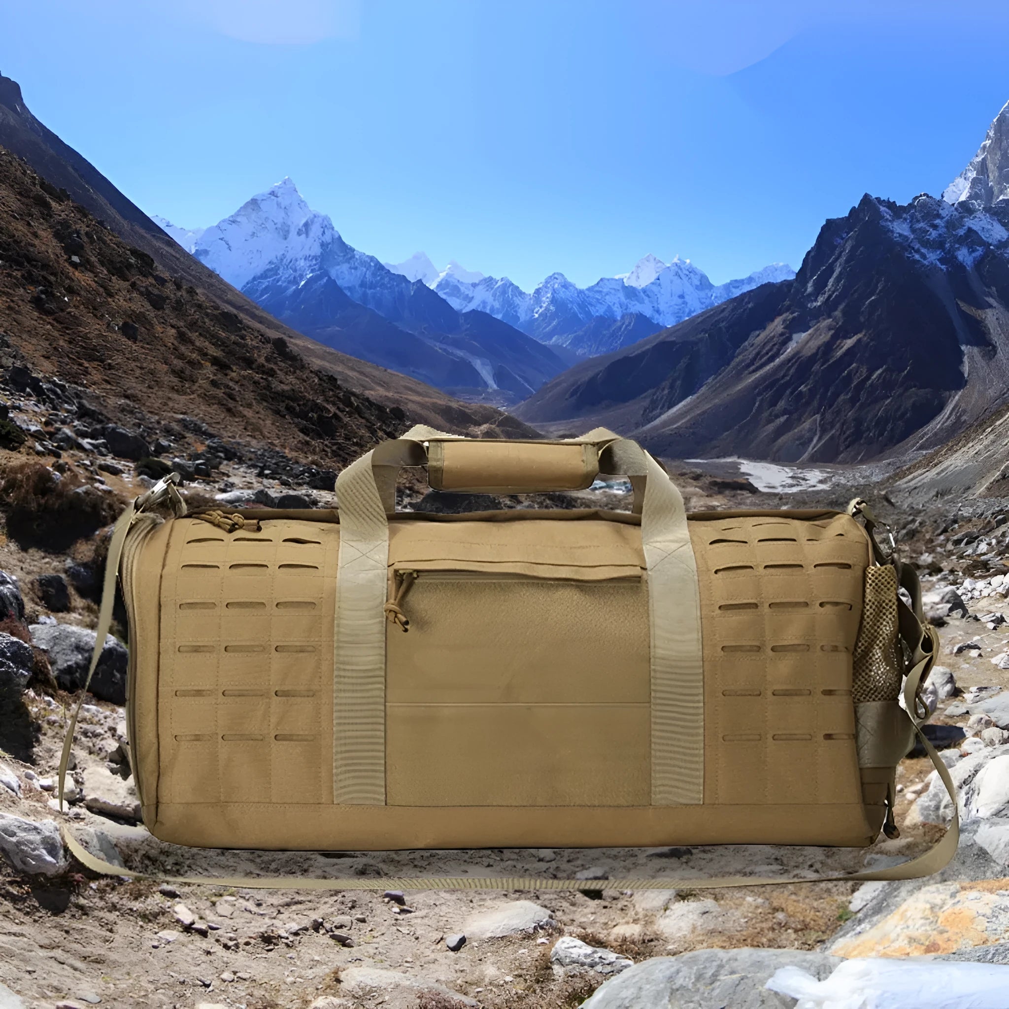 Men's sports travel handbag in khaki colour with air pillow belt and waterproof Oxford cloth construction