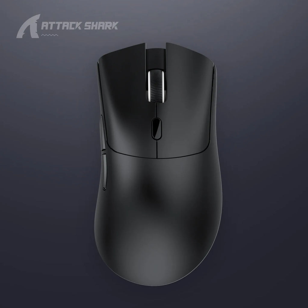 Attack Shark wireless Bluetooth gaming mouse in black, white, and red colours showing ergonomic design