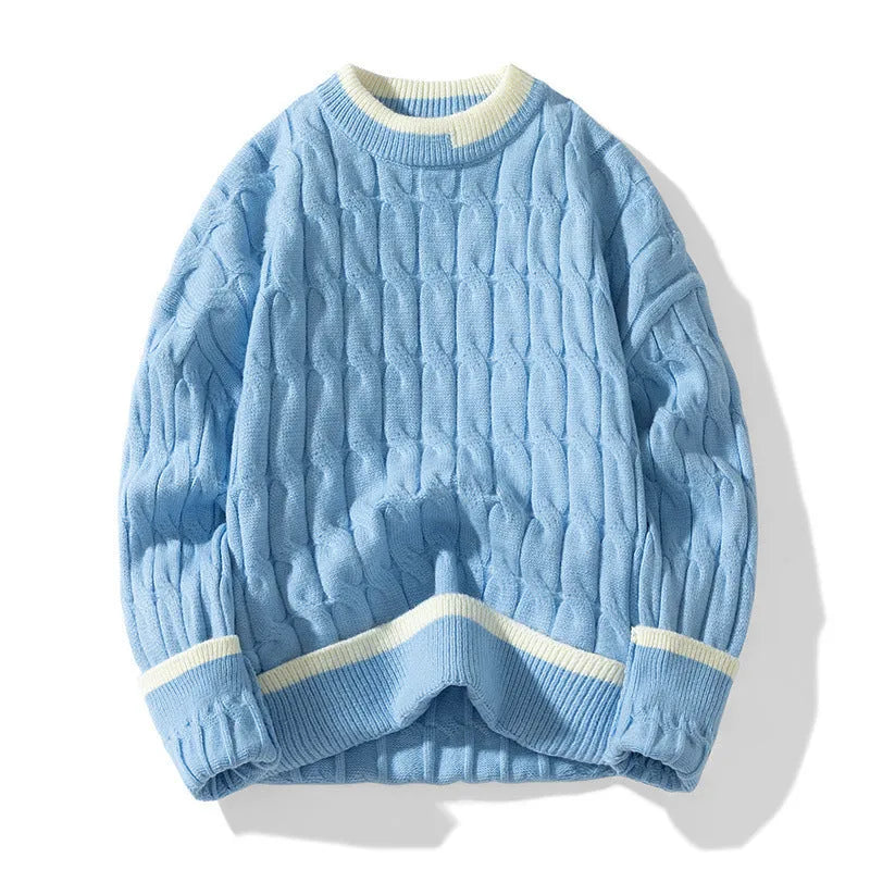 Men's loose fit two-piece acrylic modal sweater set in light blue, sporty pullover style.
