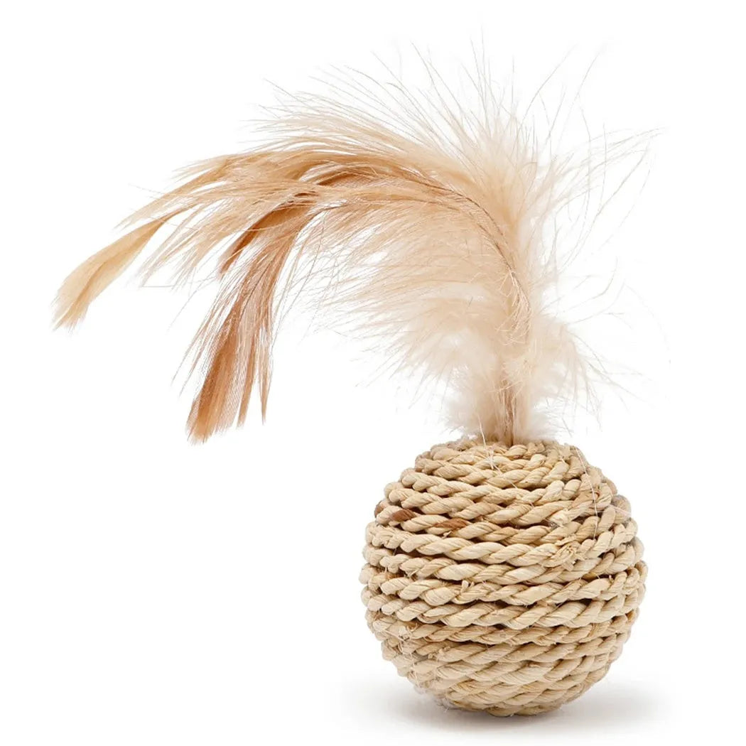 Two cat toys: hollow rattan ball and faux feather ball with bell on primary coloured background