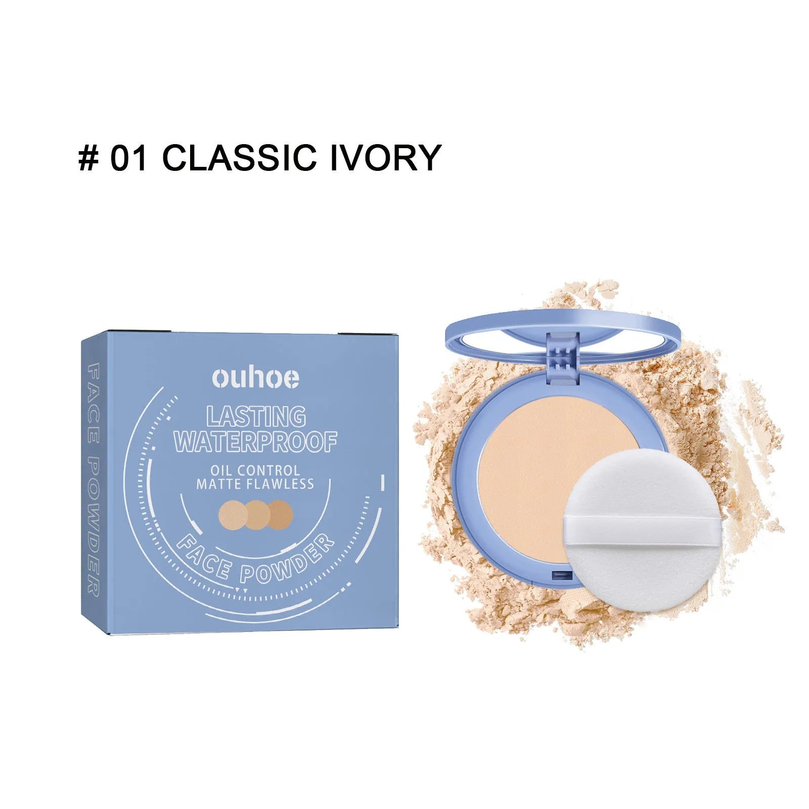 8g compact of natural finish long-lasting finishing powder in beige and ivory tones.