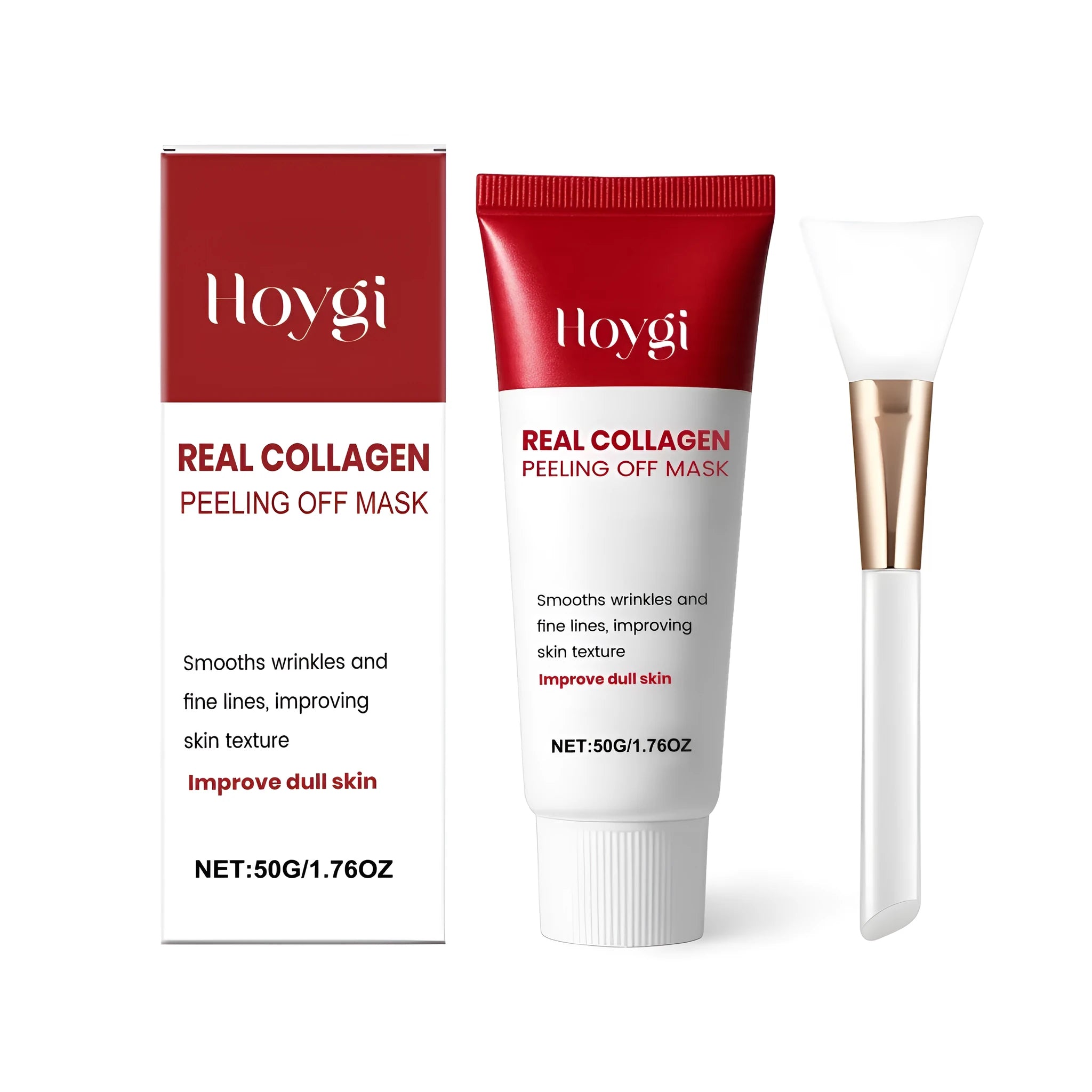 50g collagen peel-off facial mask tub with applicator brush on skincare background