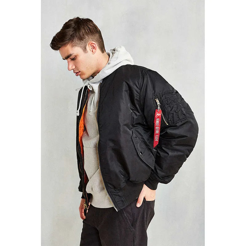 Men's army green loose fit cotton-padded bomber jacket with front zip and ribbed cuffs.