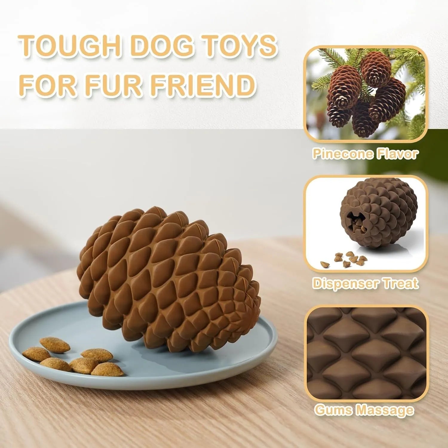 Yellow pine cone shaped natural rubber dog chew toy with treat dispenser for large breeds