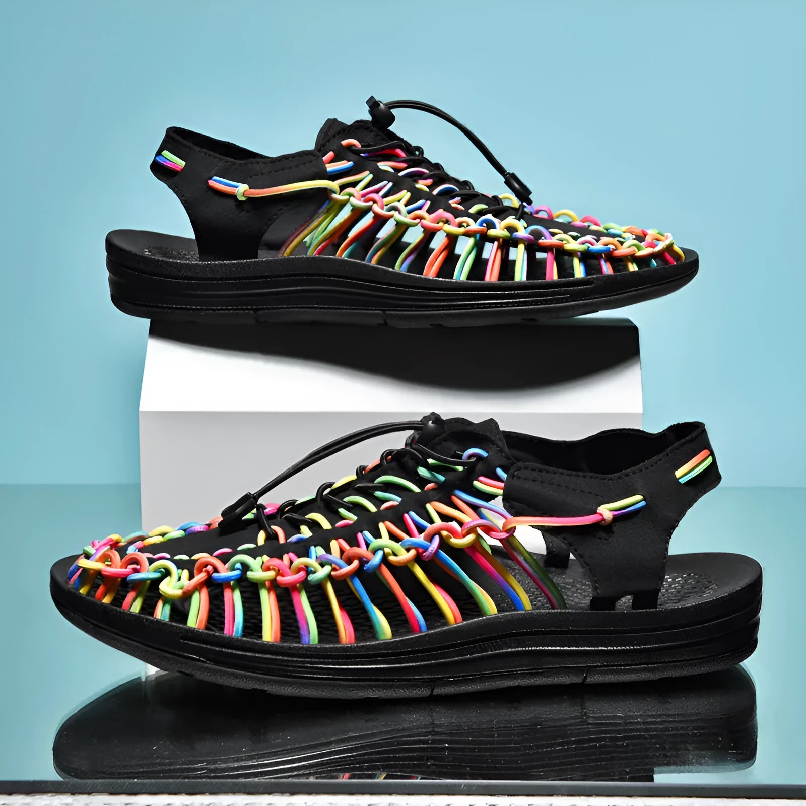 Woven drawstring tie Roman sandals in rainbow colour with elastic closure and rubber sole