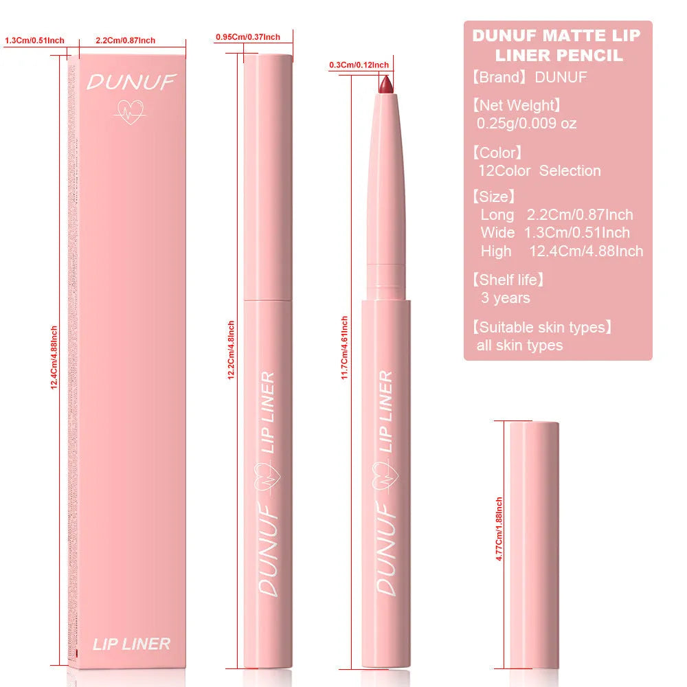 Twist-up velvet matte lip liner pencil shown in 12 different colour shades