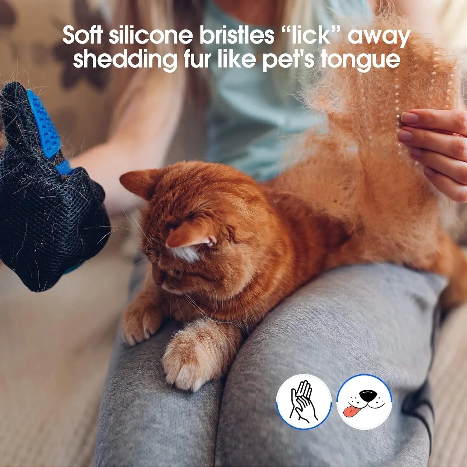 Blue pet grooming gloves with silicone massage tips for dogs and cats