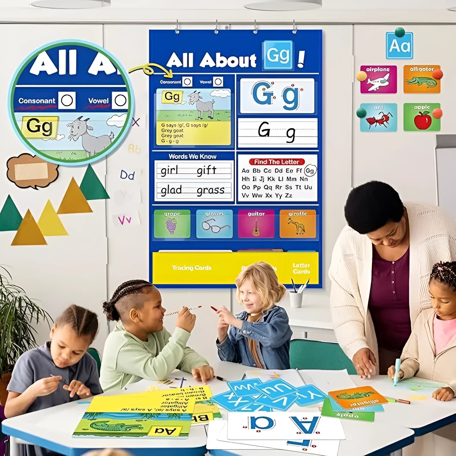ABC alphabet learning chart with word cards, letter cards, and picture cards for kids
