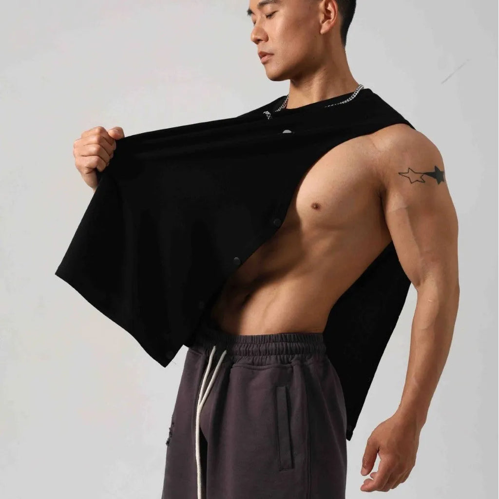 Korean style men's loose cotton fitness vest with hidden hook side openings for adjustable fit during workouts