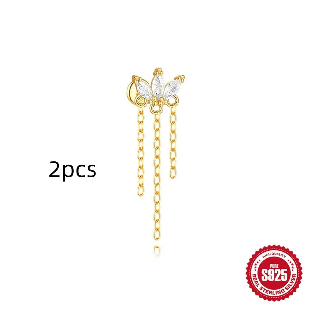 S925 sterling silver geometric kite earrings with rhinestones and chain tassel in gold tone