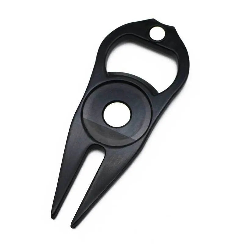 Zinc alloy golf tool with ball fork, yoke, and bottle opener functions in black, green, or silver