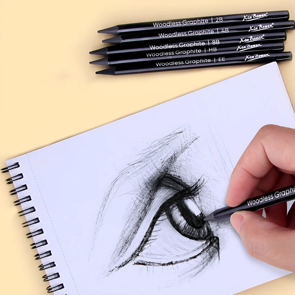 Set of six graphite sketching pencils for art, showing wood-free full lead construction.