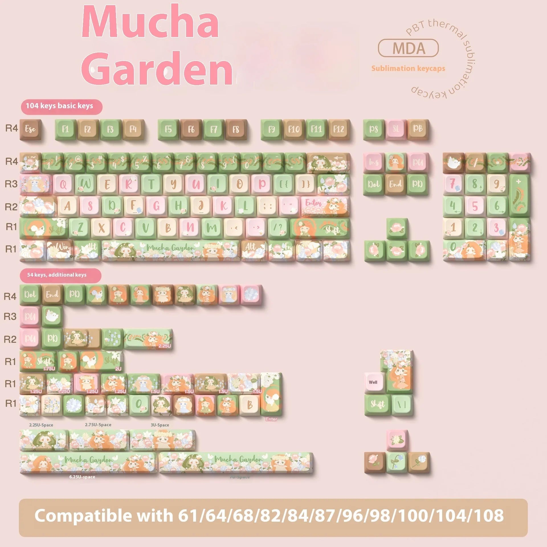 Custom sublimation printed mechanical keyboard keycap set showing graphic design, available in 138-key or 158-key configurations.