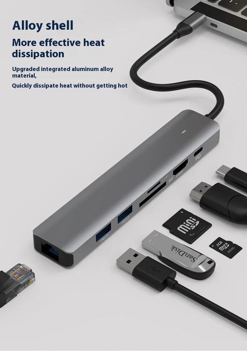 USB-C to 7-port card reader hub with SD and TF slots and PD charging port