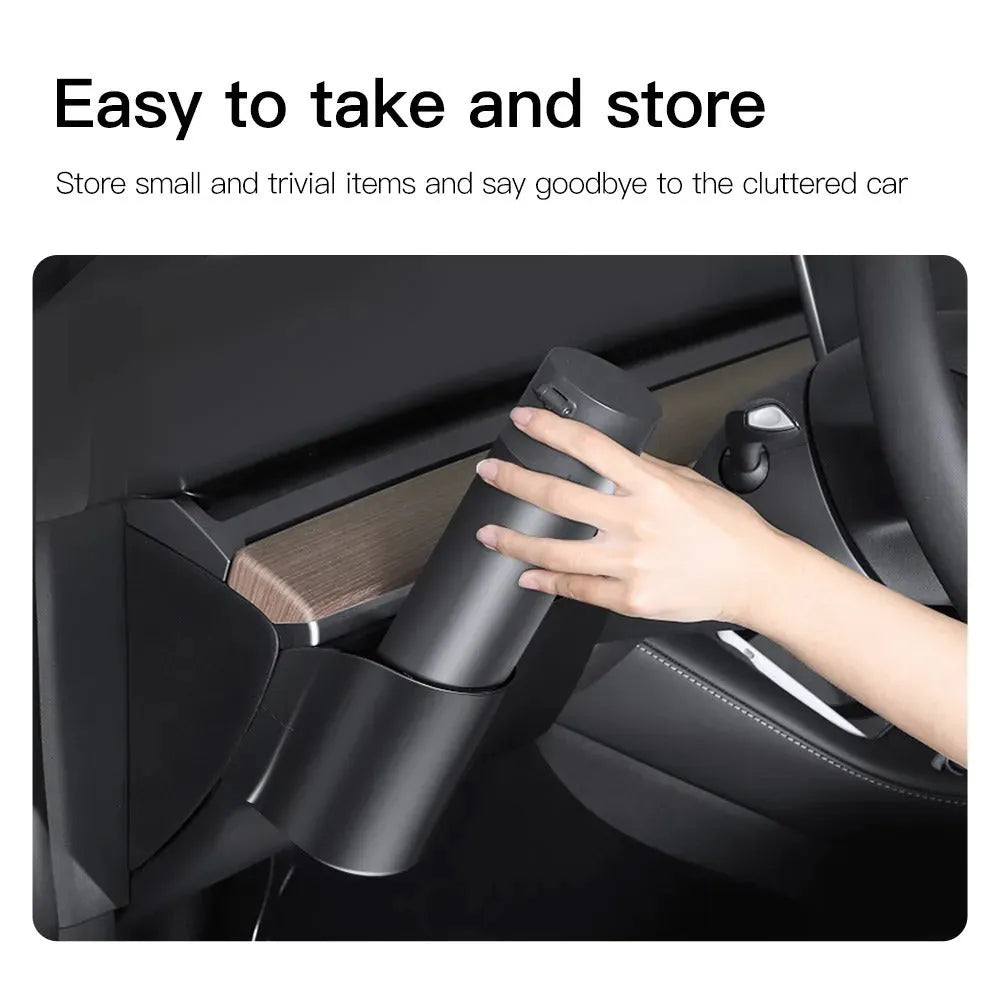 Plastic dashboard cup holder for left-hand drive Tesla Model 3 and Model Y cars.