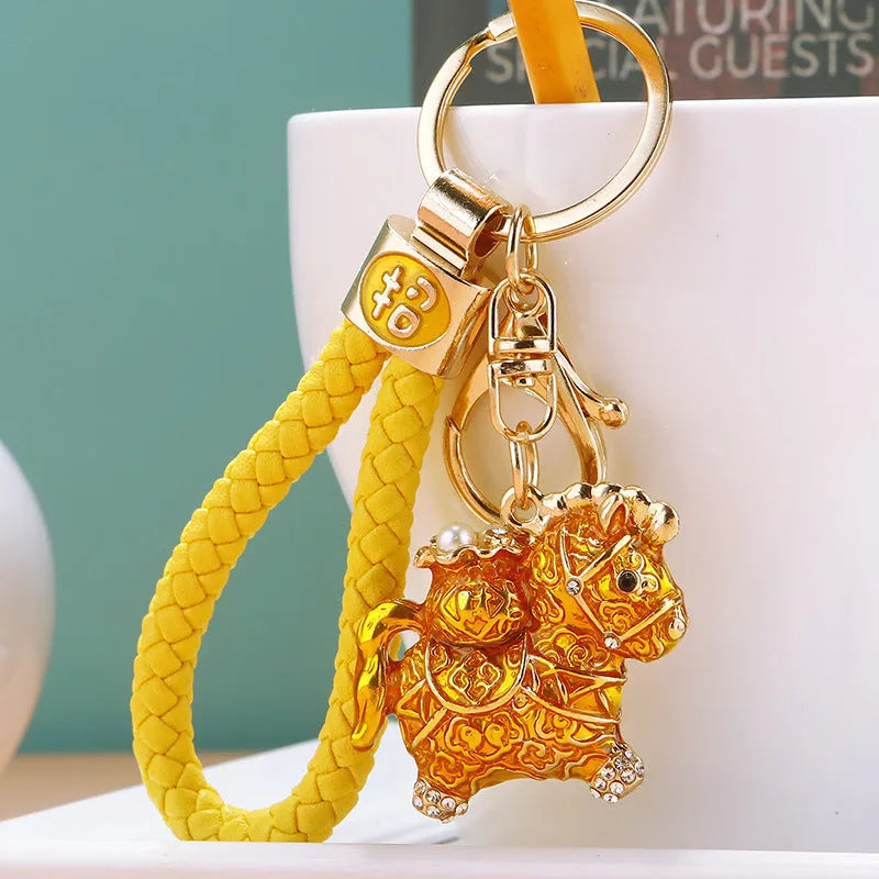 Chinese style alloy diamond-embedded fortune car key ring in red with lucky rope design