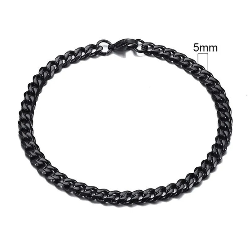 Six-sided Cuban link chain metal bracelet shown in gold, black and steel colour finishes with different width options.