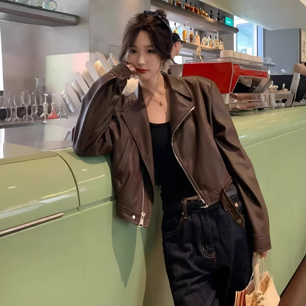 Women's slim fit retro leather coat jacket in imitation leather polyester available in black or brown colours