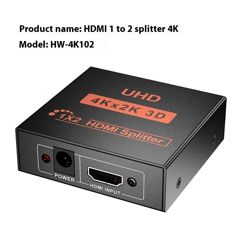 4K HDMI one into two splitter device with selection of power interface options