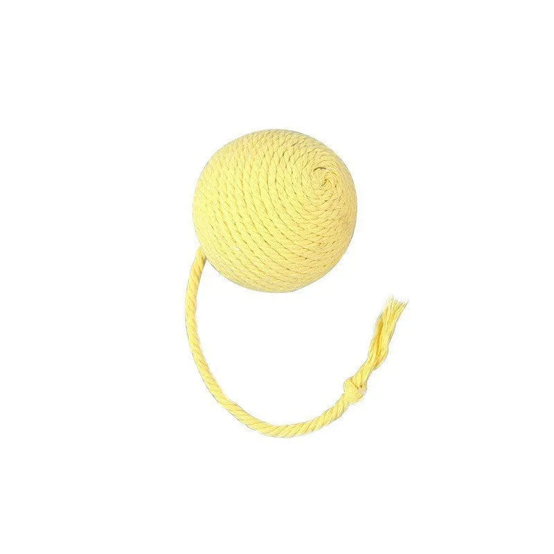 Interactive cat toy ball with rope attachment and built-in bell in green, pink, purple and yellow colours