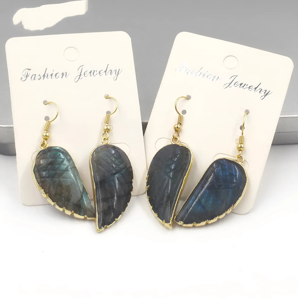 Copper drop shape earrings with fluorite and glitter mixed batch colours and double ring design