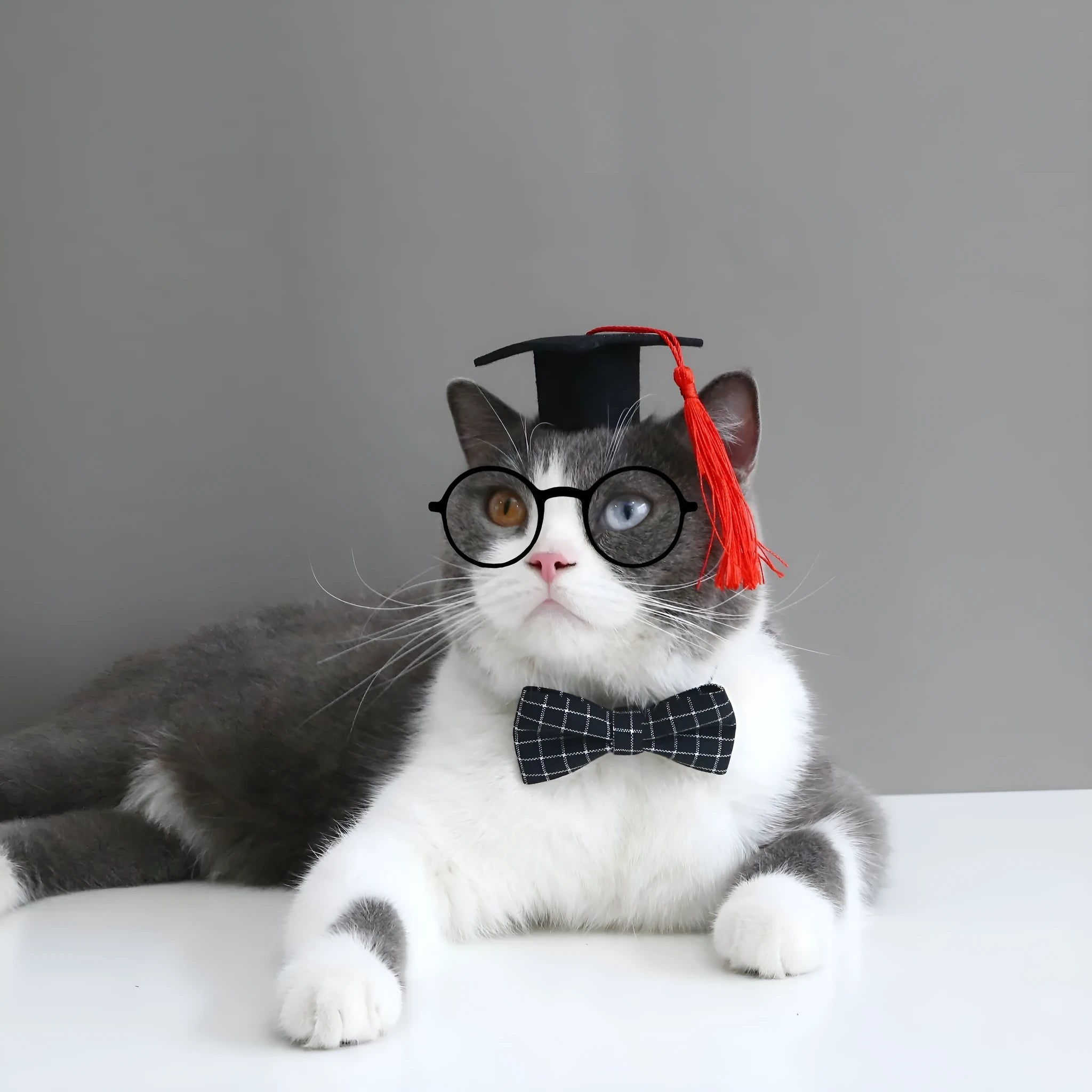 British-style wool felt pet hair band and matching bow tie set in four colour options for cats and dogs.