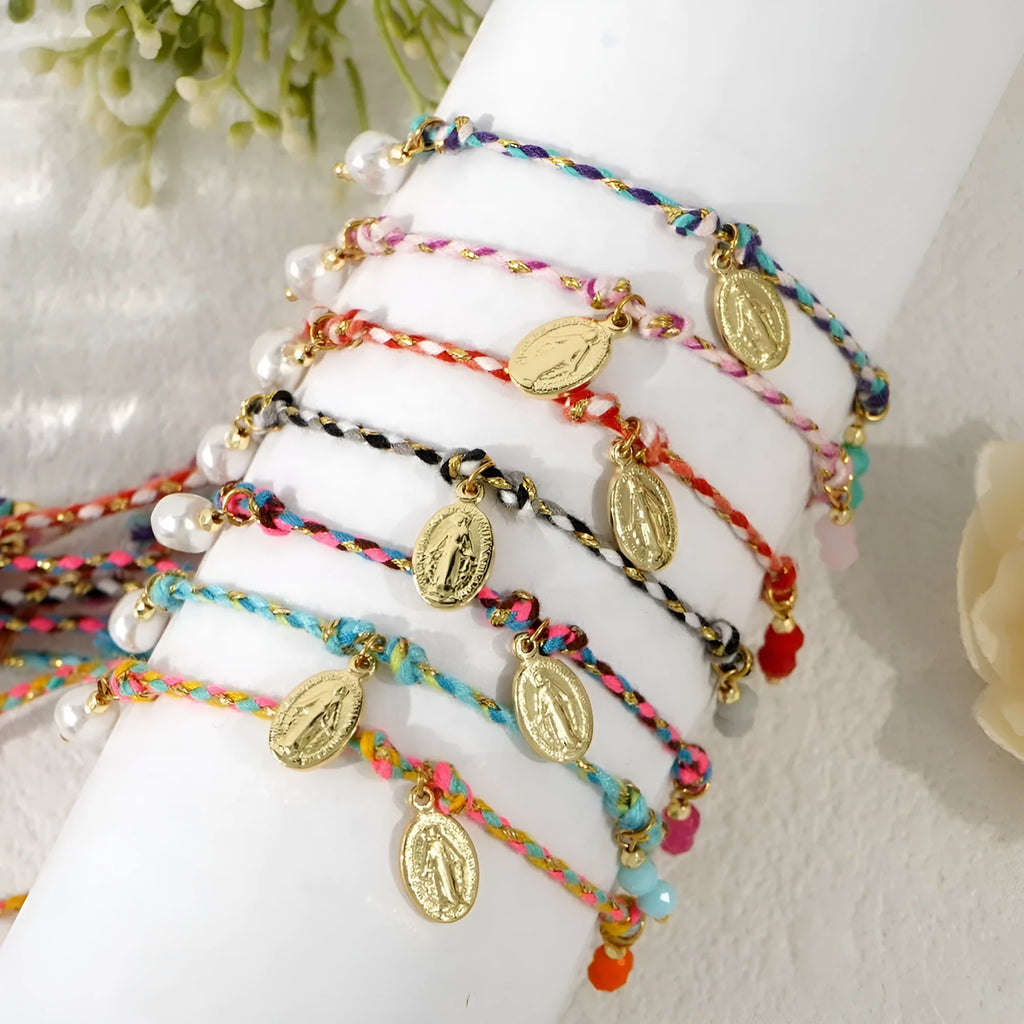 Women's ethnic woven bracelet with colourful braided rope carrying strap tag design