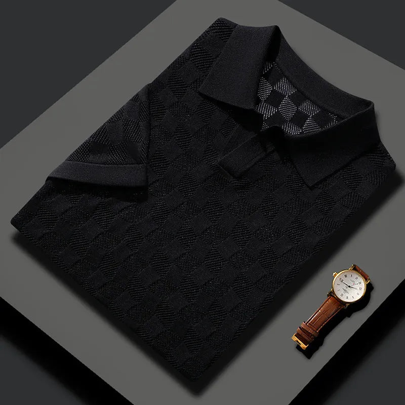 Men's mulberry silk short sleeve sweater with lapels in solid colour for business casual wear