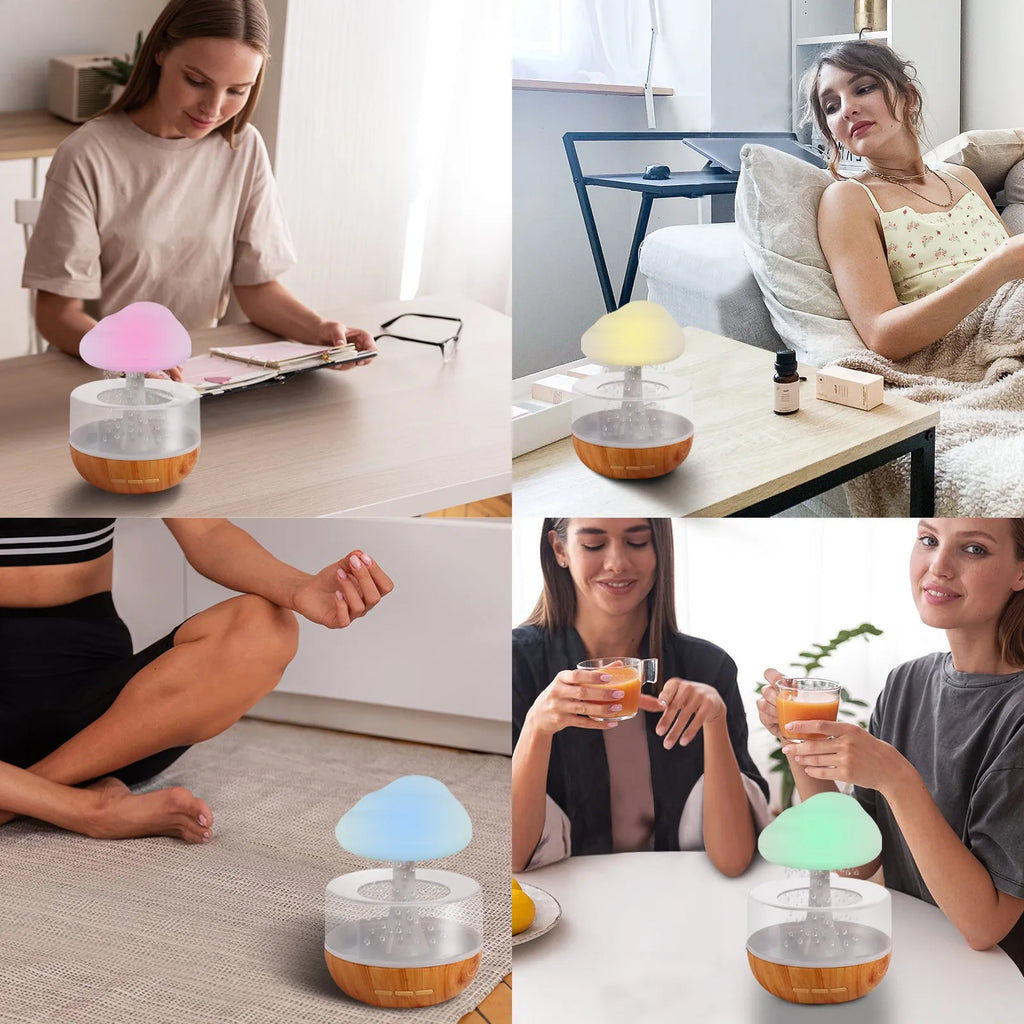 White raining cloud shaped humidifier with colour changing lights and water drop aromatherapy function