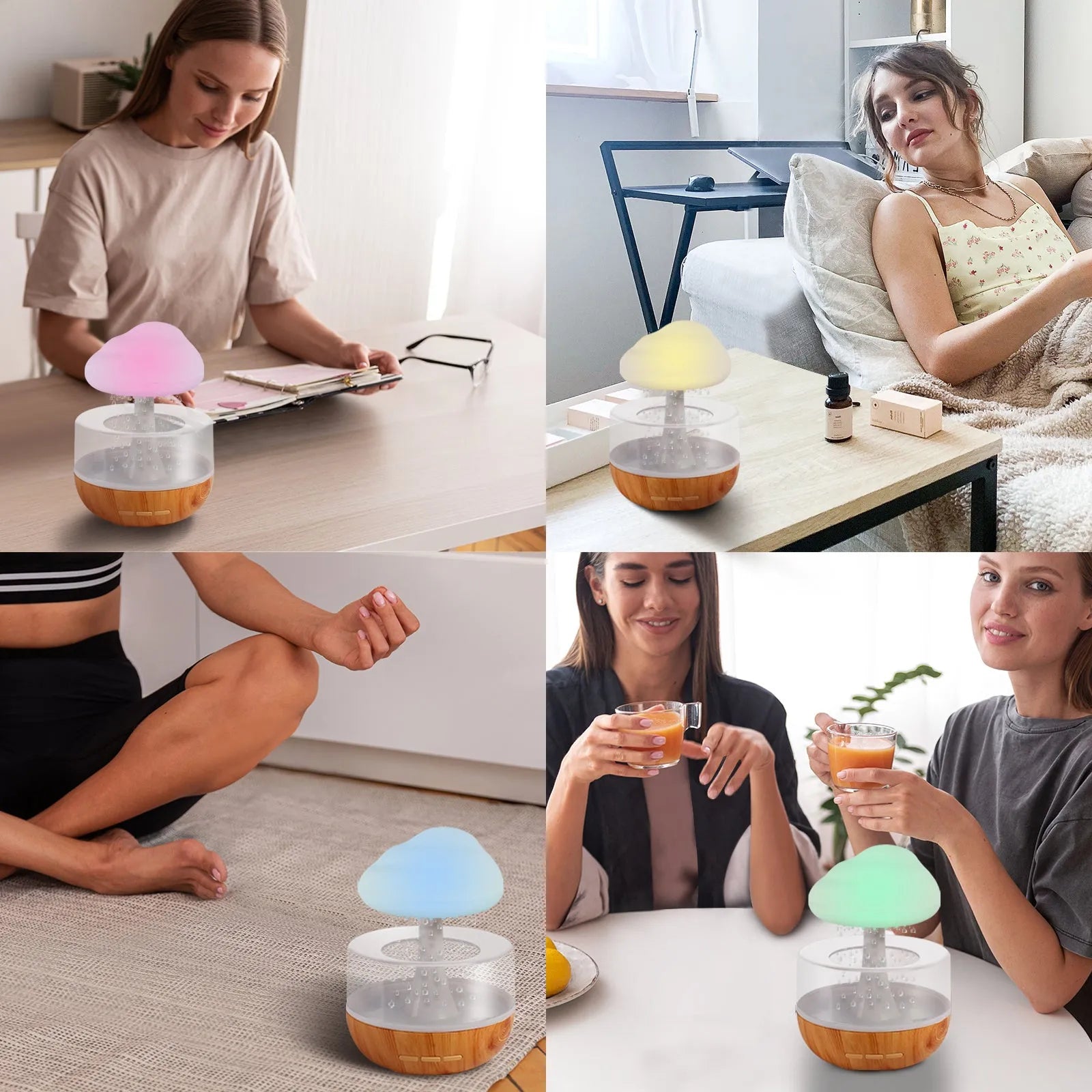 White raining cloud shaped humidifier with colour changing lights and water drop aromatherapy function