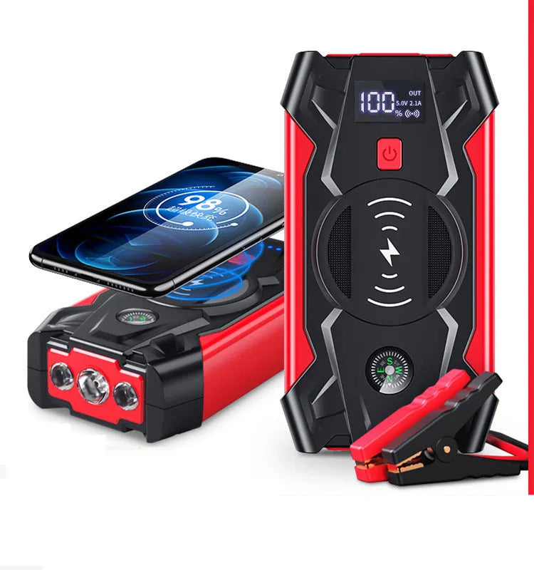 Red car emergency jump starter power bank with digital display and jumper cables