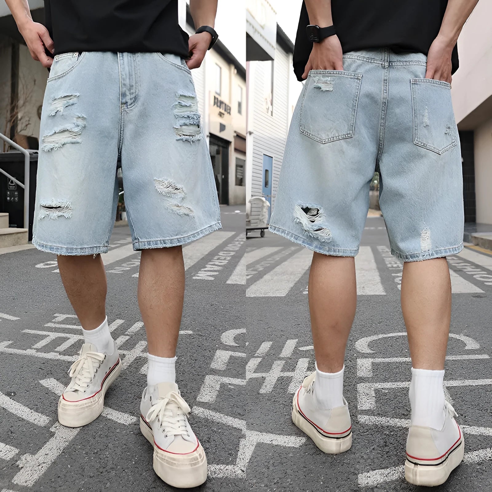 Light blue ripped denim shorts with distressed details, loose straight leg cut on a neutral background.