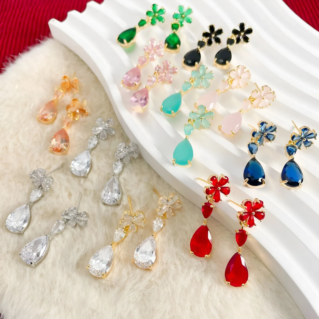 Copper stud earrings flower tassel design multi-colour electroplated geometric simple style on white background
