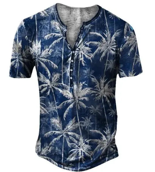 Men's short sleeve sports shirt with 3D printed pattern and lapel button in polyester fabric