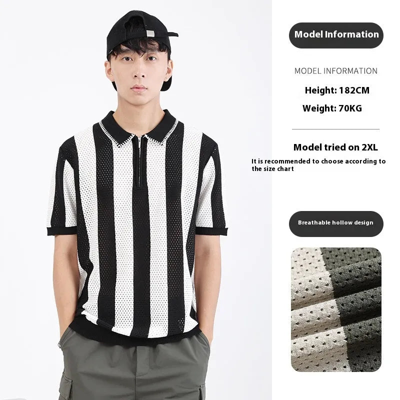 Man wearing a striped short sleeve ice silk sweater with a zipper decoration detail.