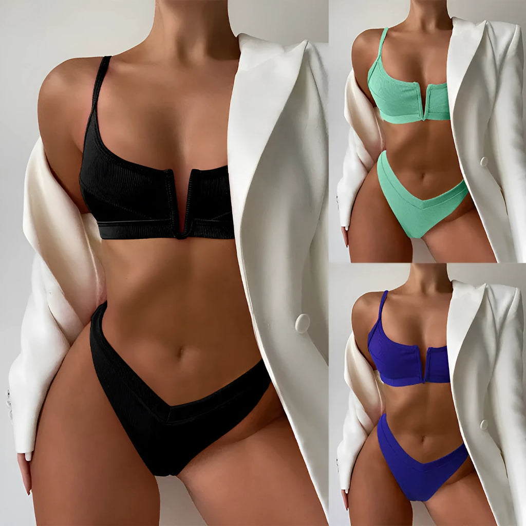 Women's high waisted triangle bikini swimsuit top and shorts in multiple colours