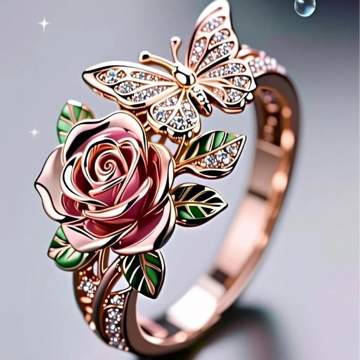 Adjustable butterfly personality ring with colourful oil drip effect and rose flower detailing
