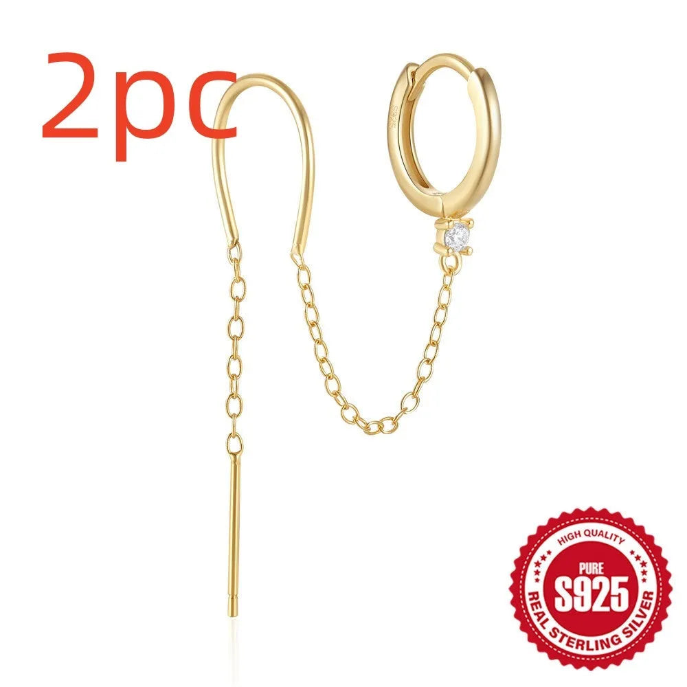 S925 sterling silver geometric earrings with flower and tassel chain decoration in golden finish