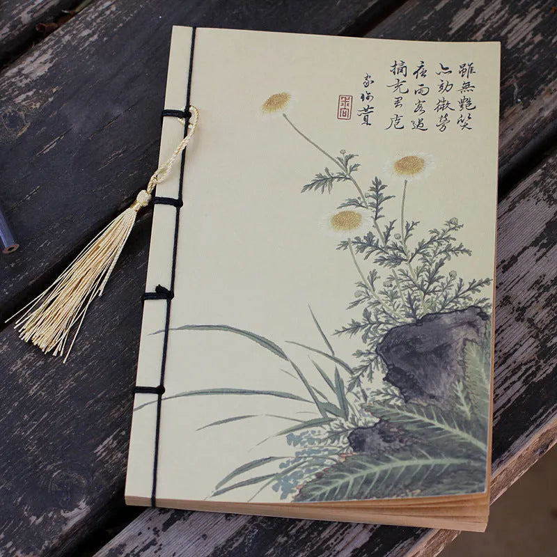 A5 antique wire-bound notebook with retro Chinese painting design on glossy embossed cover